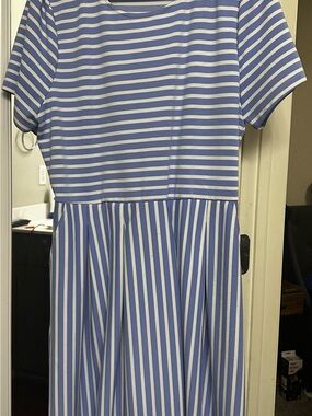 Draper James Blue and White Striped Short Sleeve Fit-and-Flare Dress